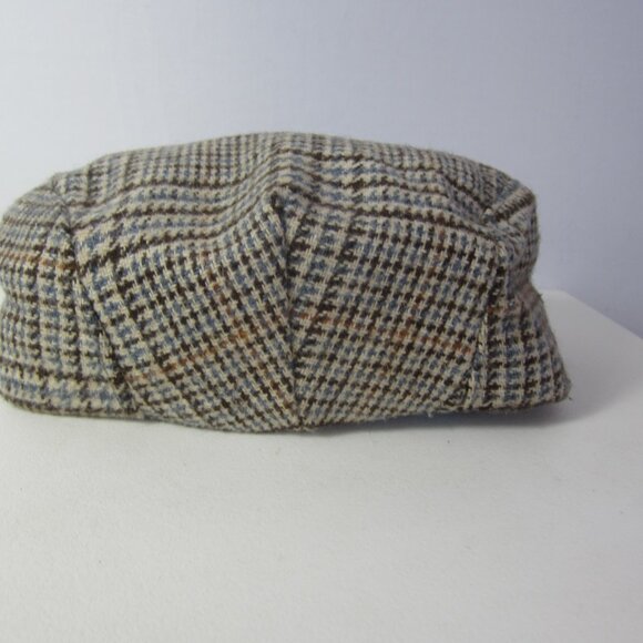 Vtg Adult M Ivory Blue Brown Wool Plaid Houndstooth Cap Newsboy Hat Lined 22" - Picture 5 of 7